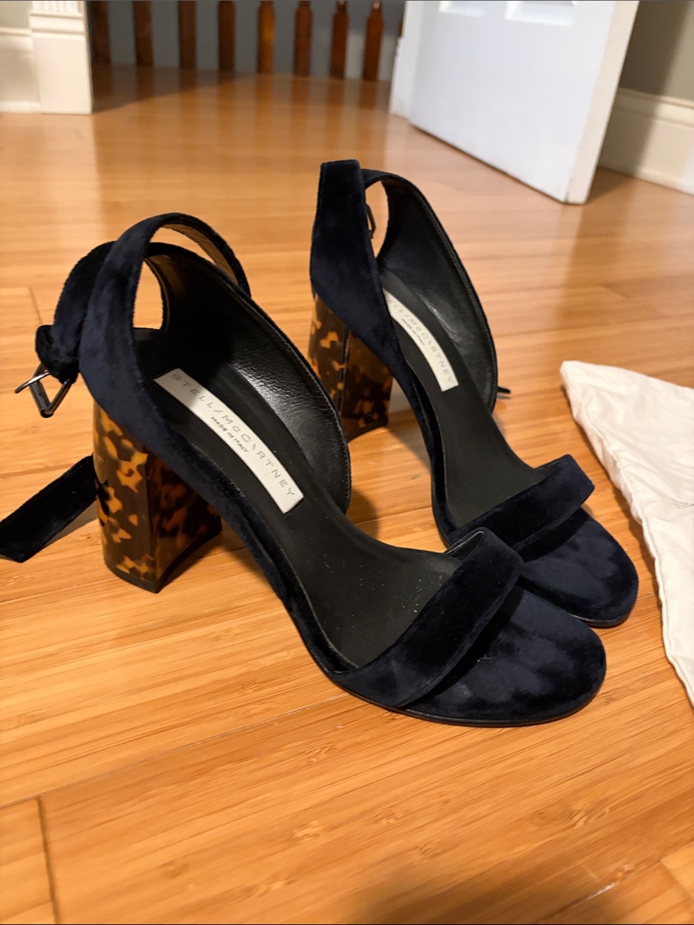 Stella McCartney Navy Suede Sandals with Tortoiseshell Block Heel